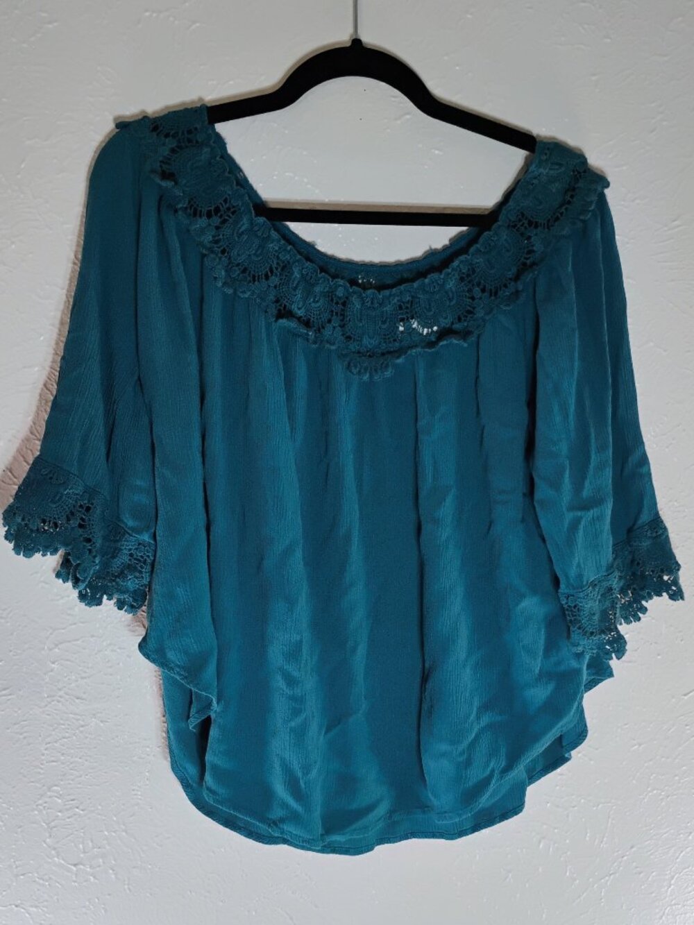 Westport Teal Rayon Pullover Blouse with Crochet Women's size XL 3/4 Sleeve
